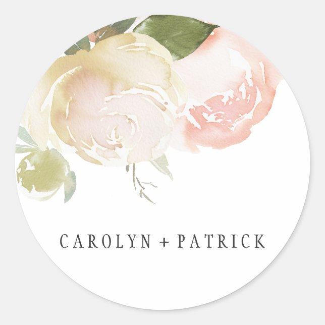 Blush Pink Ivory Watercolor Peony Classic Round Sticker (Front)