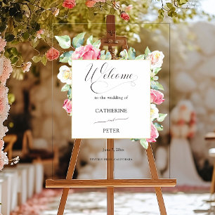 Blush Pink/Ivory Watercolor Roses Welcome Acrylic Sign