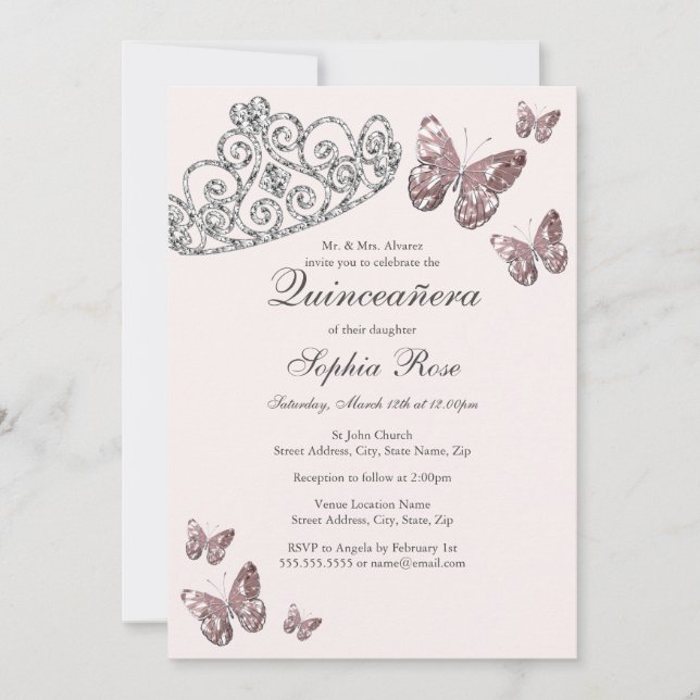 Blush Pink Jewel Tiara Butterfly Quinceanera  Invitation (Front)