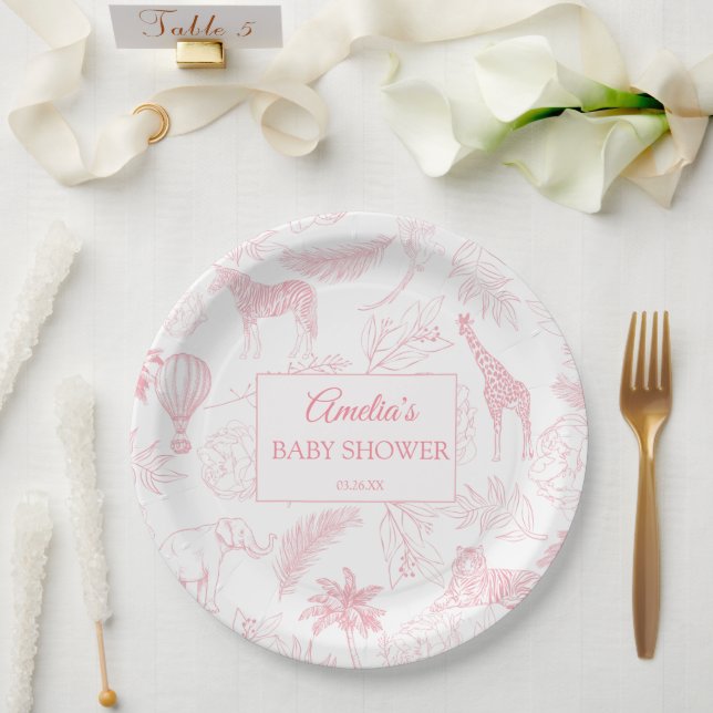 Blush Pink Jungle Safari Animals Baby Shower Paper Plate (Wedding)