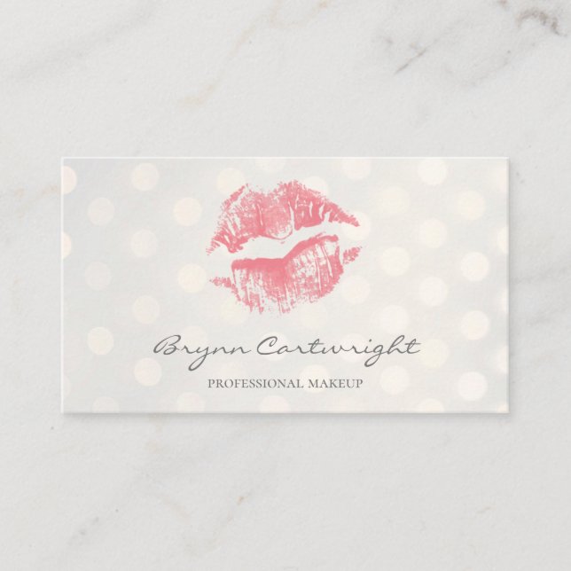 Blush Pink Kiss Lips with Golden Bokeh Dots Makeup Business Card (Front)