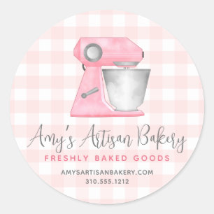 Blush Pink Kitchen Mixer Gingham Plaid Bakery Chef Classic Round Sticker