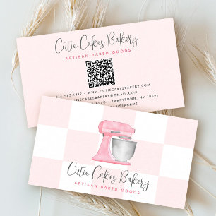 Blush Pink Kitchen Mixer QR Code Chequered Bakery Business Card