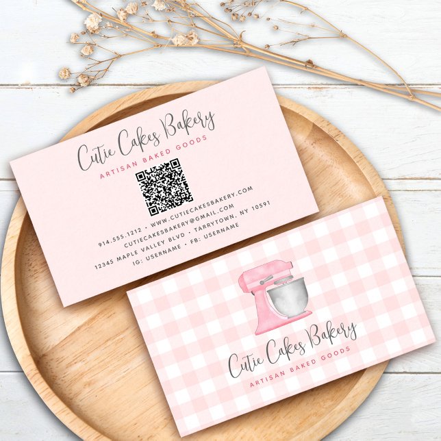 Blush Pink Kitchen Mixer QR Code Gingham Bakery Business Card (Creator Uploaded)