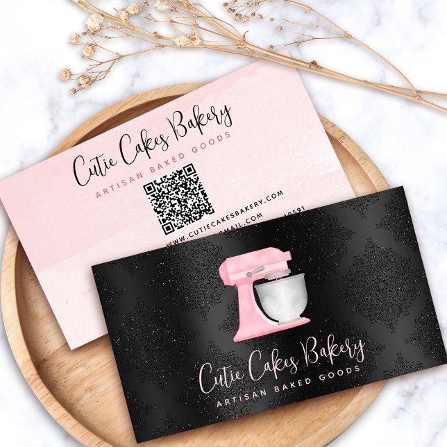 Blush Pink Kitchen Mixer QR Code on Black Bakery Business Card (Creator Uploaded)