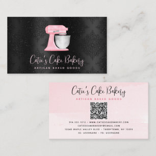 Blush Pink Kitchen Mixer QR Code on Black Bakery Business Card