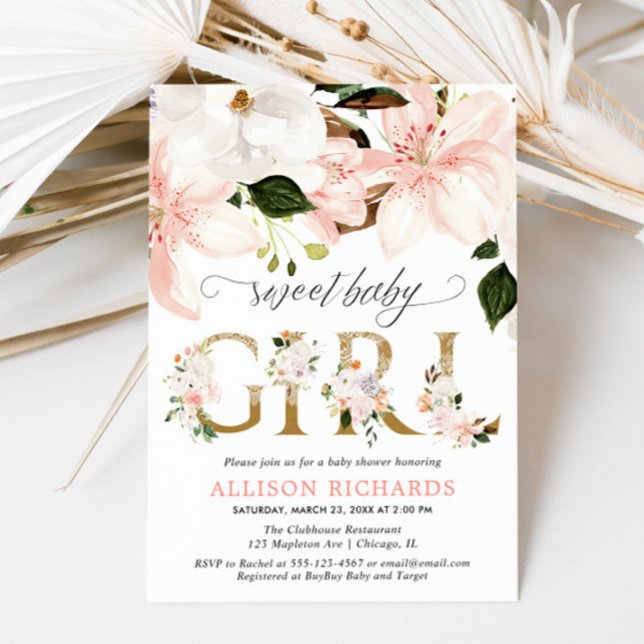 Blush pink lace burlap floral girl baby shower invitation (Creator Uploaded)