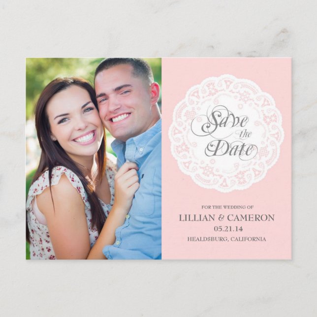Blush Pink Lace Doily Save the Date Postcard (Front)