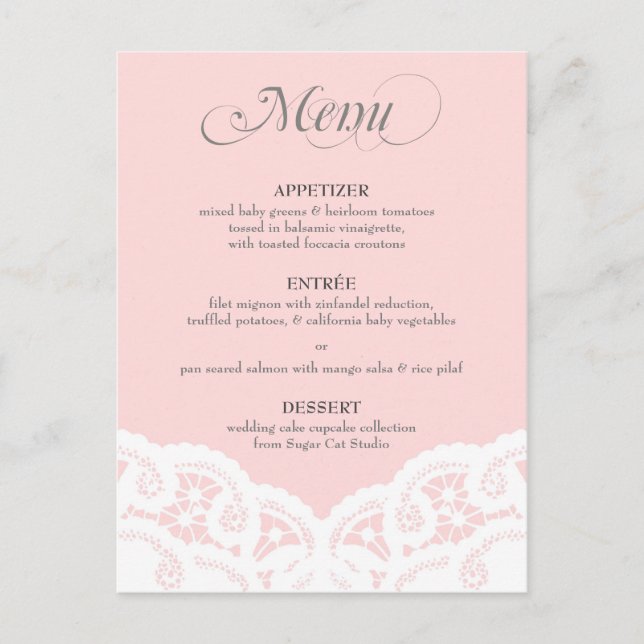 Blush Pink Lace Doily Wedding Menu Postcard (Front)