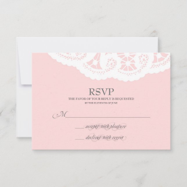Blush Pink Lace Doily Wedding RSVP Card (Front)