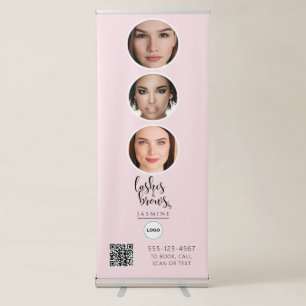 Blush Pink Lash Brow QR Code Photo Collage Salon Retractable Banner