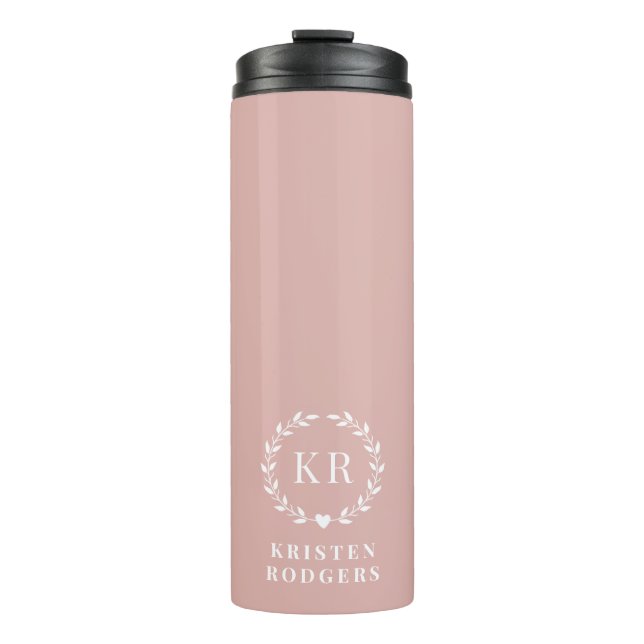 Blush Pink Laurel Wreath Crest Monogram Thermal Tumbler (Front)