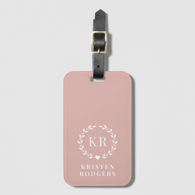 Blush Pink Laurel Wreath Monogram Initial Luggage Tag (Front Vertical)