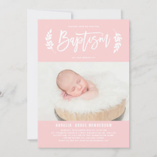 Blush Pink Laurel Wreath Photo Baptism Invitation