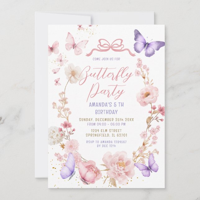 Blush Pink Lavender Purple Butterflies Birthday  Invitation (Front)