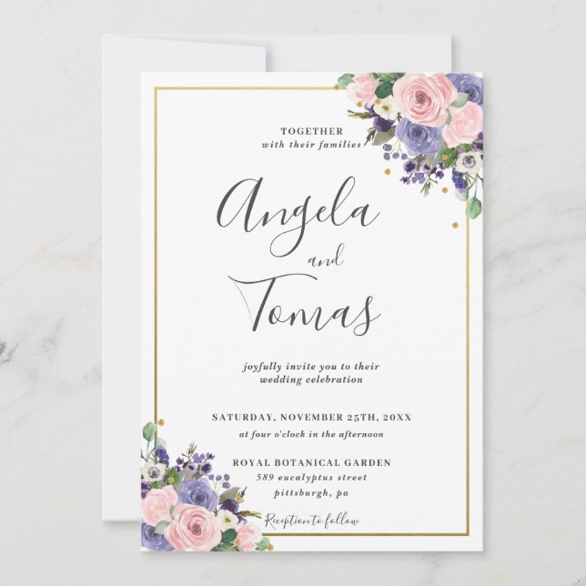 Blush Pink Lavender Purple Floral Greenery Wedding Invitation (Front)