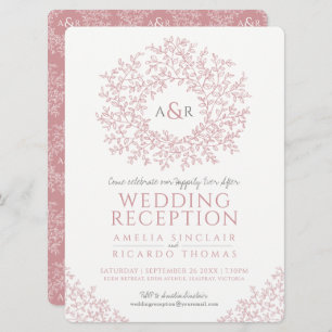 Blush pink leaf monogram art wedding reception invitation