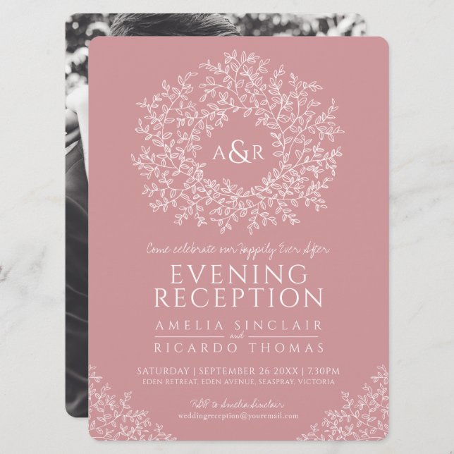 Blush pink leaf monogram wedding reception photo invitation (Front/Back)