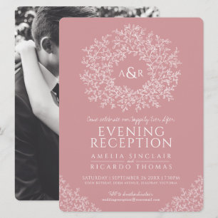 Blush pink leaf monogram wedding reception photo invitation