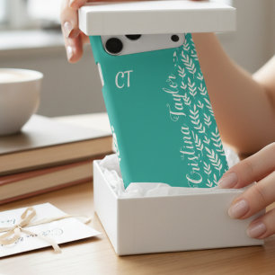 Blush pink Leaf pattern on teal monogrammed