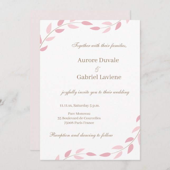 Blush Pink Leaves Autumn Botanical Elegant Wedding Invitation (Front/Back)