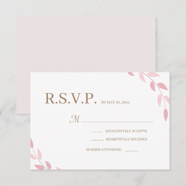 Blush Pink Leaves Gold White Autumn Wedding RVSP Invitation (Front/Back)