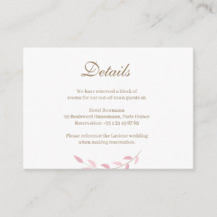 Blush Pink Leaves Gold White Wedding Hotel Detail Enclosure Card