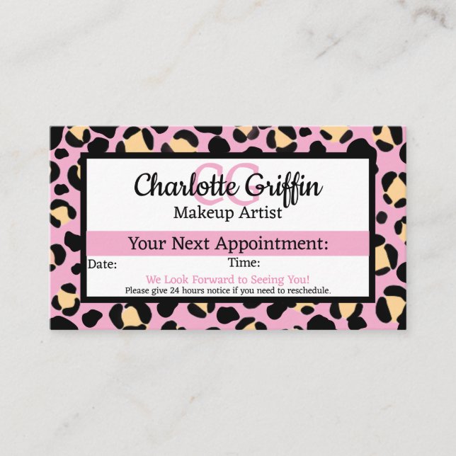 Blush Pink Leopard Print Lash & Makeup Appointment Business Card (Front)