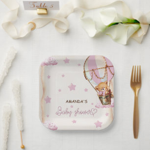 Blush Pink Light Brown Bear Balloons Baby Shower Paper Plate