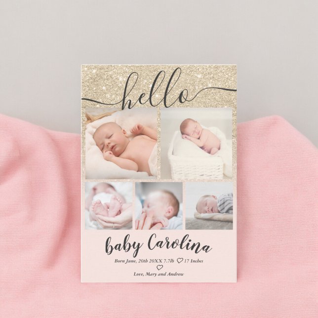 blush pink light gold 5 grid photo baby girl birth announcement (blush pink light gold 5 grid photo baby girl birth announcement)