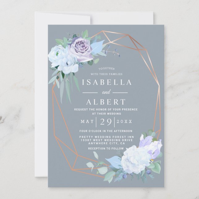 Blush pink lilac golden lilac floral wedding invitation (Front)