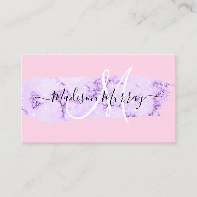 Blush Pink & Lilac Purple Unicorn Monogram Name Business Card (Front)