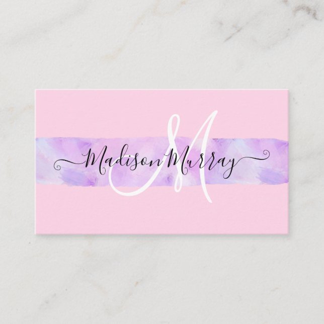 Blush Pink & Lilac Purple Unicorn Monogram Name Business Card (Front)