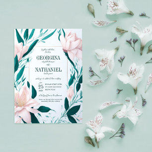 Blush Pink Lilies Emerald Leaves Spring Wedding Invitation