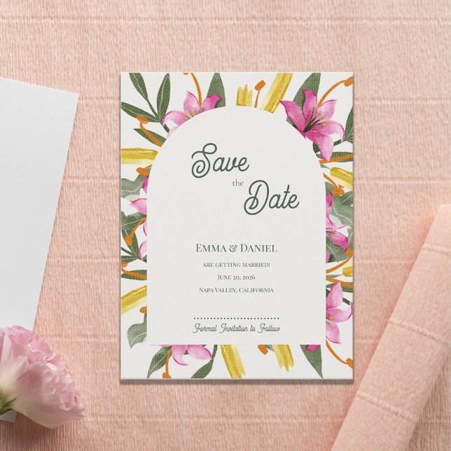Blush Pink Lily Arched Wedding Save the Date Announcement Postcard (Blush Pink Lily Arched Save the Date | Romantic Botanical Floral Arch Garden Wedding Announcement )
