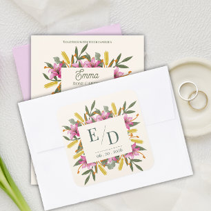 Blush Pink Lily Botanical Wedding Monogram Square Sticker