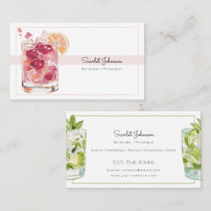 Blush Pink Lime Green Watercolor Drinks Bartender Business Card