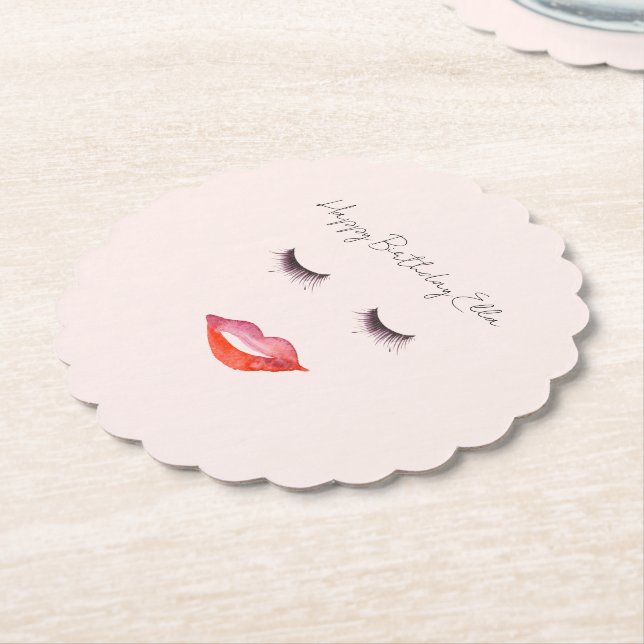 Blush Pink Lips and Eyelashes Birthday Paper Coaster (Angled)