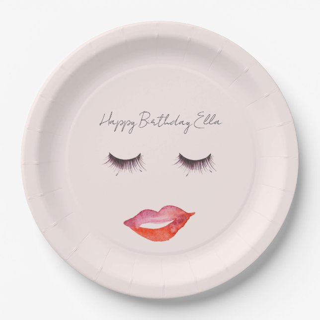 Blush Pink Lips and Eyelashes Birthday Paper Plate (Front)