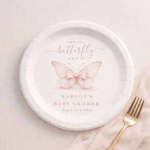 Blush Pink Little Butterfly Bow Girl Baby Shower Paper Plate