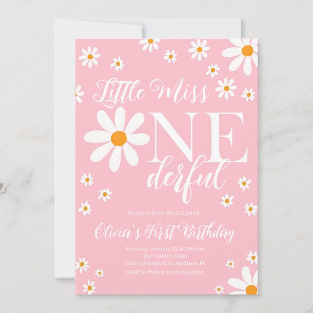 Blush Pink Little Miss Onederful Flowers Birthday Invitation (Front)