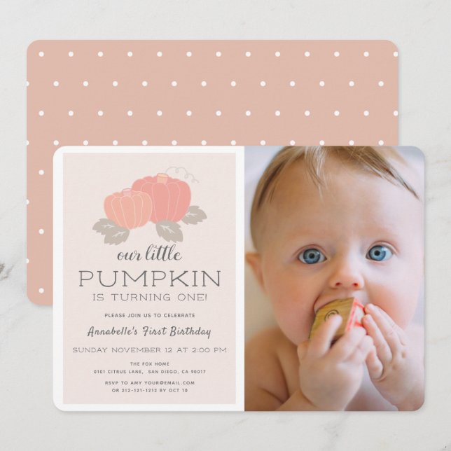 Blush Pink Little Pumpkin Girl Photo 1st Birthday Invitation (Front/Back)