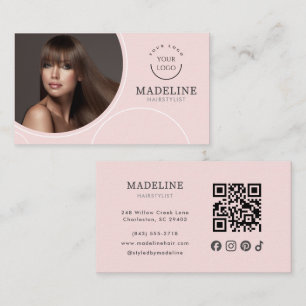 Blush Pink Logo QR Code Photo Hairstylist Business Card