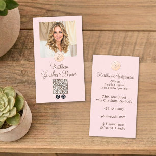 Blush Pink Logo QR Code Photo Lashes and Brows Business Card