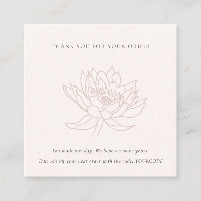 BLUSH PINK LOTUS FLORAL LOGO SHOPPING THANK YOU SQUARE BUSINESS CARD (Front)