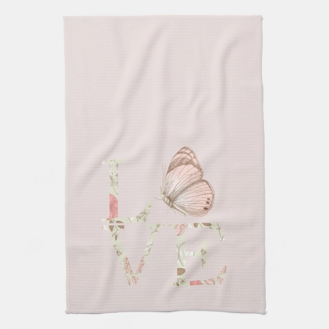 Blush Pink Love Butterfly Floral Tea Towel (Vertical)