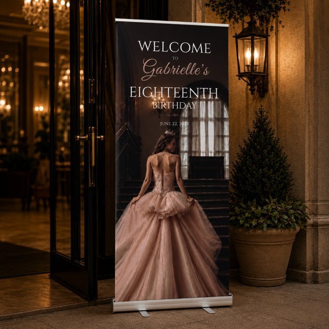 Blush Pink Luxury Debut Welcome Retractable Banner (Luxury hotel entrance retractable banner for elegant eighteenth birthday celebration)