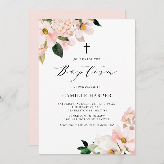 Blush Pink Magnolia and Hydrangea Baptism Invitation (Front/Back)