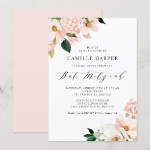 Blush Pink Magnolia and Hydrangea Bat Mitzvah Invitation
