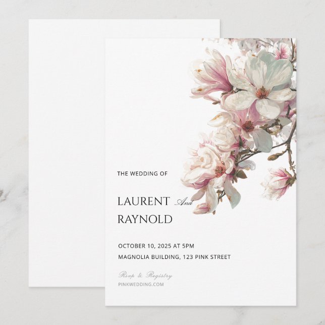 Blush Pink Magnolia Botanical Watercolor Wedding  Invitation (Front/Back)
